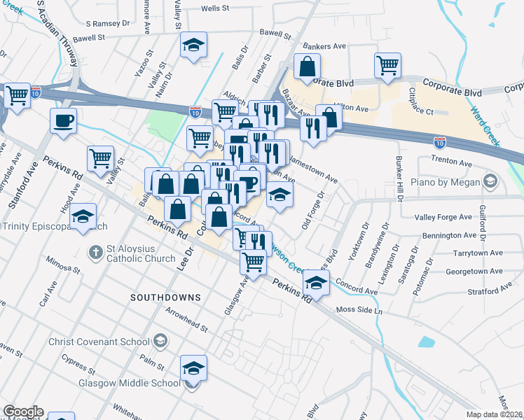 map of restaurants, bars, coffee shops, grocery stores, and more near 3050 Valley Creek Drive in Baton Rouge