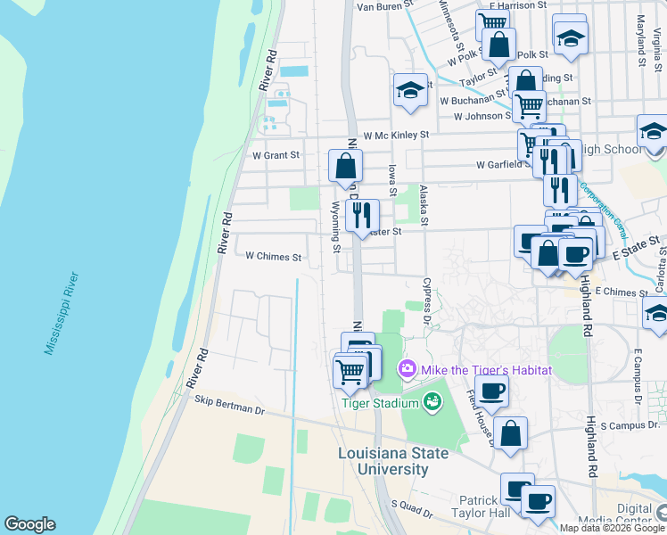 map of restaurants, bars, coffee shops, grocery stores, and more near 3350 Wyoming Street in Baton Rouge