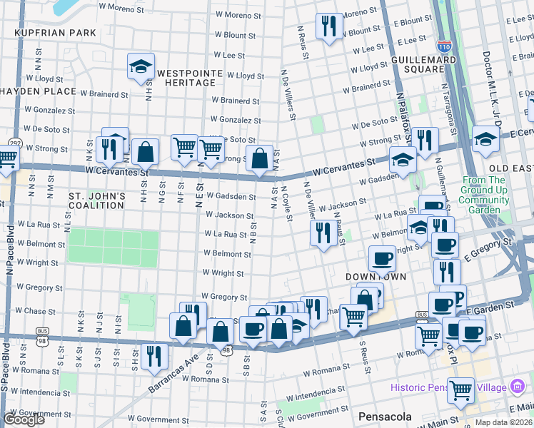 map of restaurants, bars, coffee shops, grocery stores, and more near 608 North B Street in Pensacola