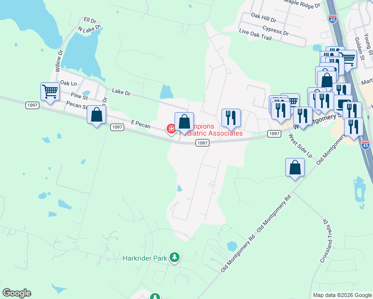 map of restaurants, bars, coffee shops, grocery stores, and more near 10211 Farm to Market 1097 in Willis
