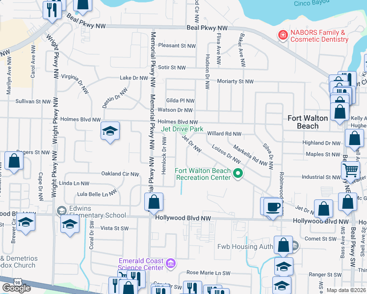 map of restaurants, bars, coffee shops, grocery stores, and more near 226 Jet Drive Northwest in Fort Walton Beach