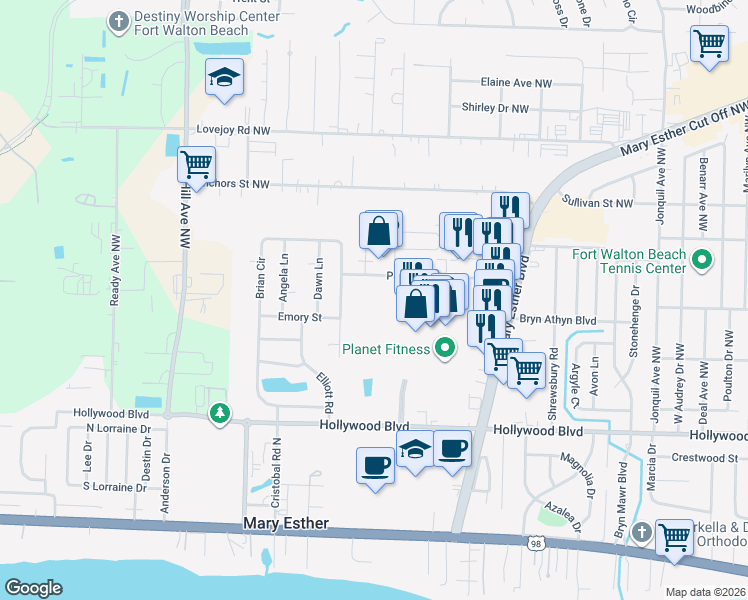 map of restaurants, bars, coffee shops, grocery stores, and more near 246-290 Page Bacon Road in Mary Esther