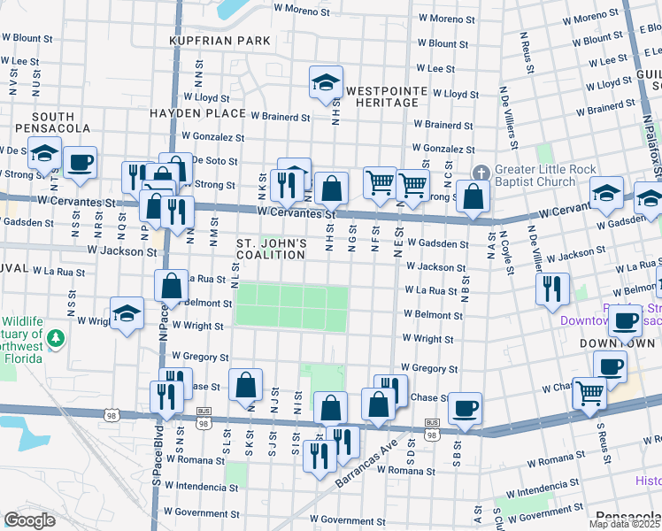 map of restaurants, bars, coffee shops, grocery stores, and more near 1400 West Jackson Street in Pensacola
