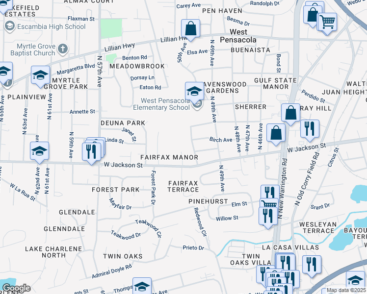 map of restaurants, bars, coffee shops, grocery stores, and more near 6 Edgewood Circle in Pensacola
