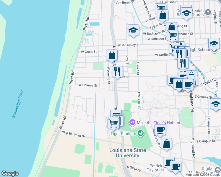 map of restaurants, bars, coffee shops, grocery stores, and more near 3390 Nicholson Drive in Baton Rouge