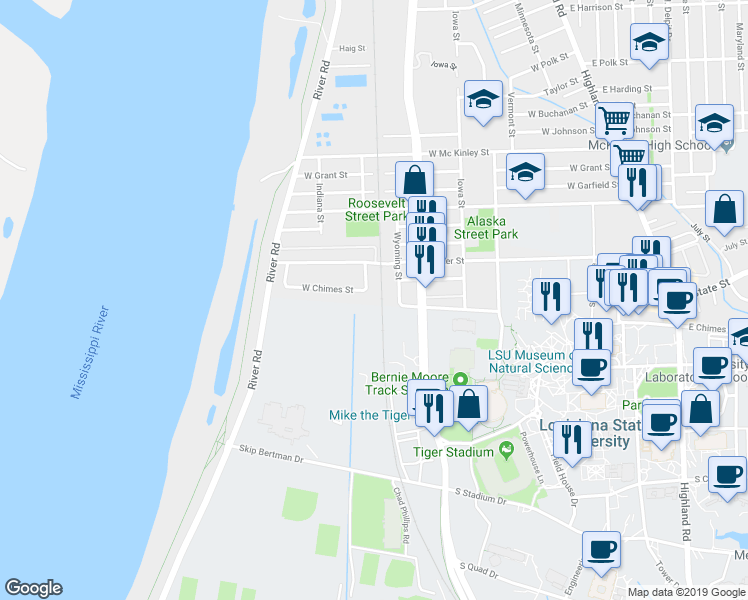map of restaurants, bars, coffee shops, grocery stores, and more near 1147 West Chimes Street in Baton Rouge