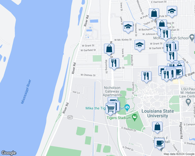 map of restaurants, bars, coffee shops, grocery stores, and more near 1147 West Chimes Street in Baton Rouge