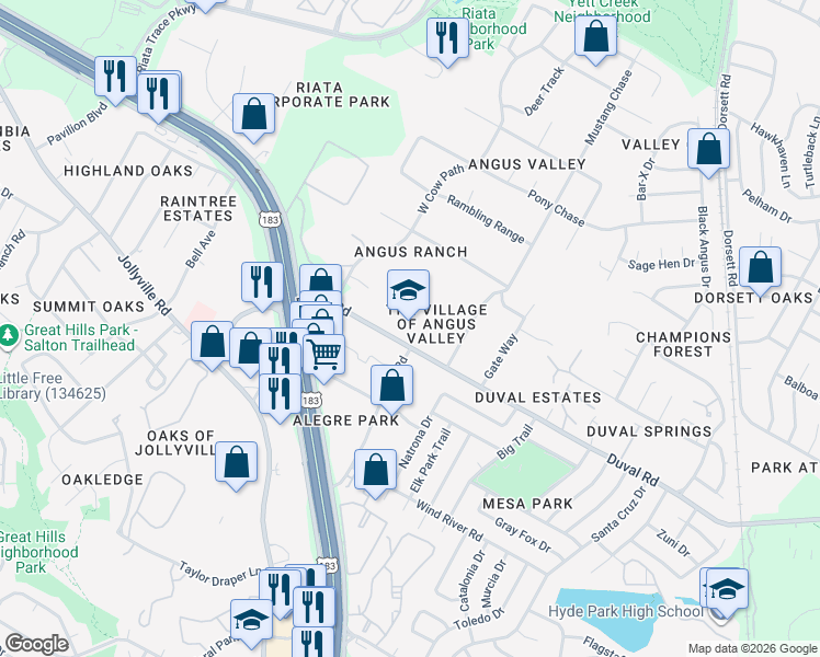 map of restaurants, bars, coffee shops, grocery stores, and more near 5214 Duval Road in Austin