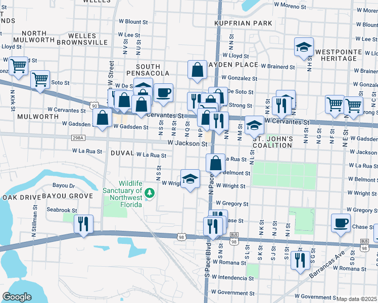 map of restaurants, bars, coffee shops, grocery stores, and more near 508 North Q Street in Pensacola