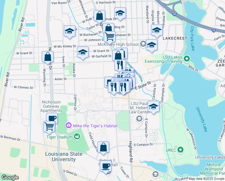 map of restaurants, bars, coffee shops, grocery stores, and more near 250 W State St in Baton Rouge