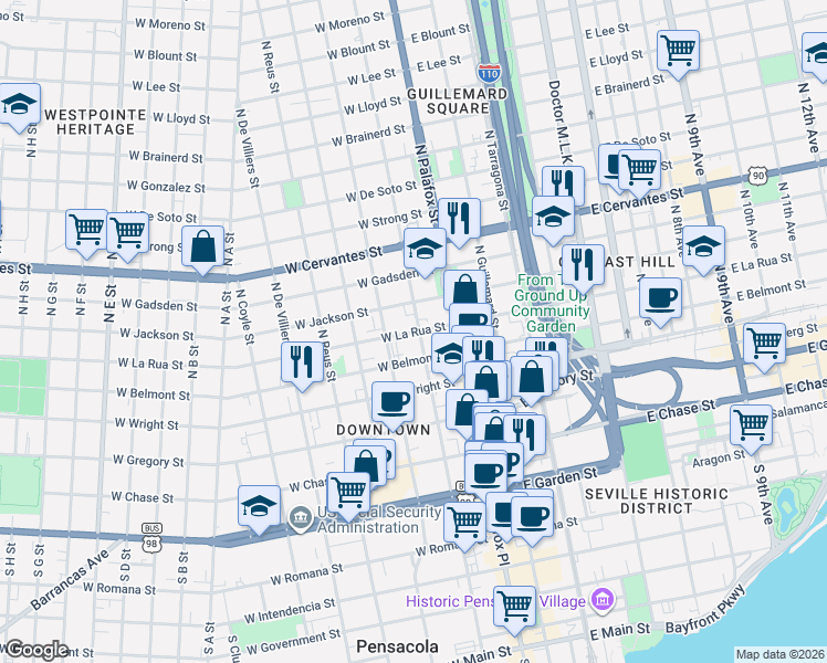 map of restaurants, bars, coffee shops, grocery stores, and more near 110 West La Rua Street in Pensacola