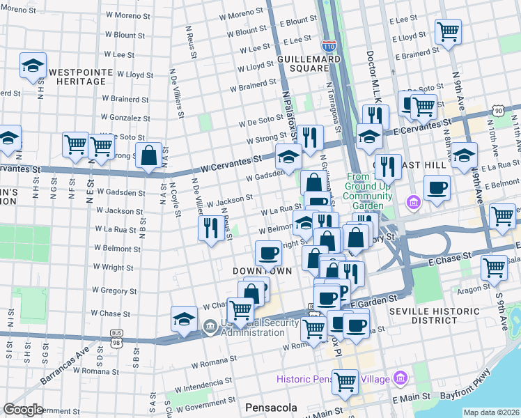 map of restaurants, bars, coffee shops, grocery stores, and more near 110 West La Rua Street in Pensacola