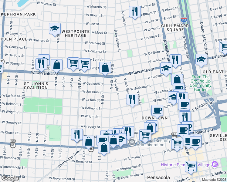 map of restaurants, bars, coffee shops, grocery stores, and more near 607 North Coyle Street in Pensacola