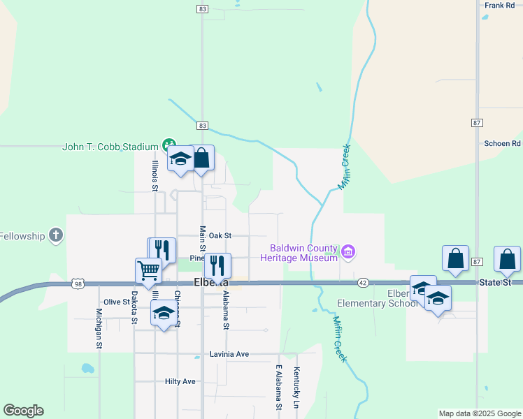 map of restaurants, bars, coffee shops, grocery stores, and more near 25191 Dewberry Lane in Elberta