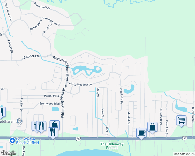 map of restaurants, bars, coffee shops, grocery stores, and more near 9745 Leeward Way in Navarre