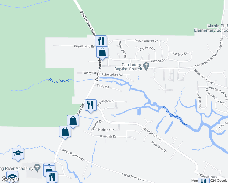 map of restaurants, bars, coffee shops, grocery stores, and more near 2301 Callie Road in Gautier