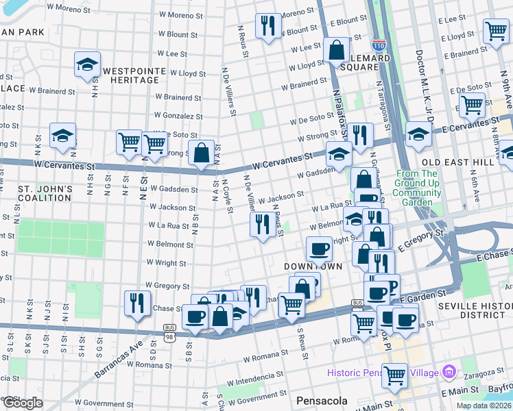 map of restaurants, bars, coffee shops, grocery stores, and more near 605 North De Villiers Street in Pensacola