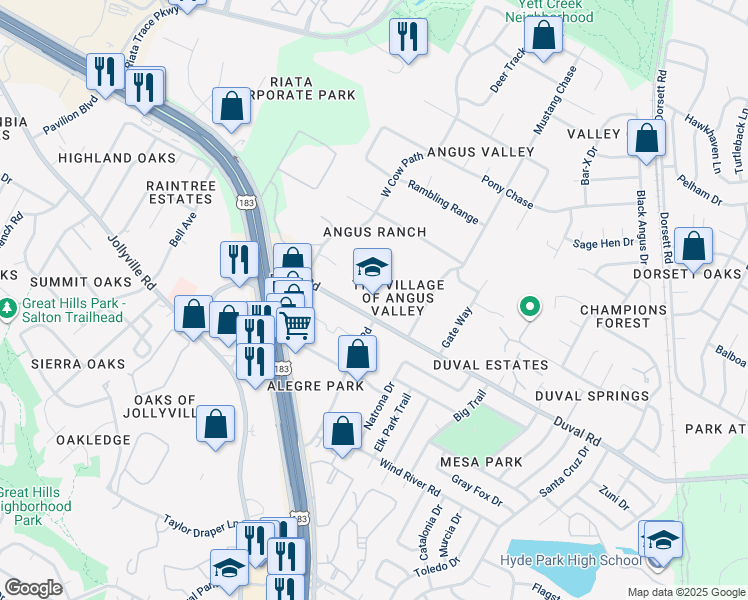 map of restaurants, bars, coffee shops, grocery stores, and more near 5214 Duval Road in Austin