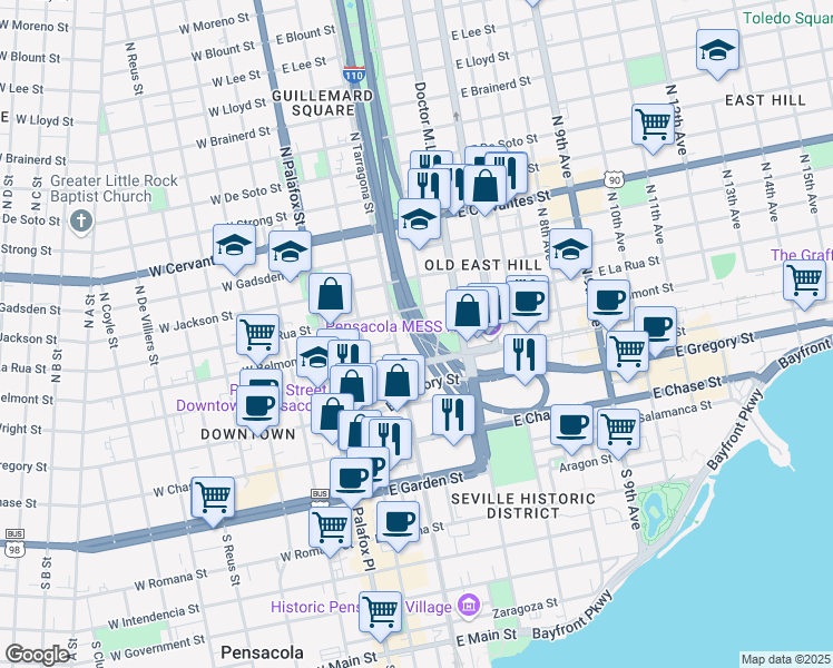 map of restaurants, bars, coffee shops, grocery stores, and more near 200 East Belmont Street in Pensacola