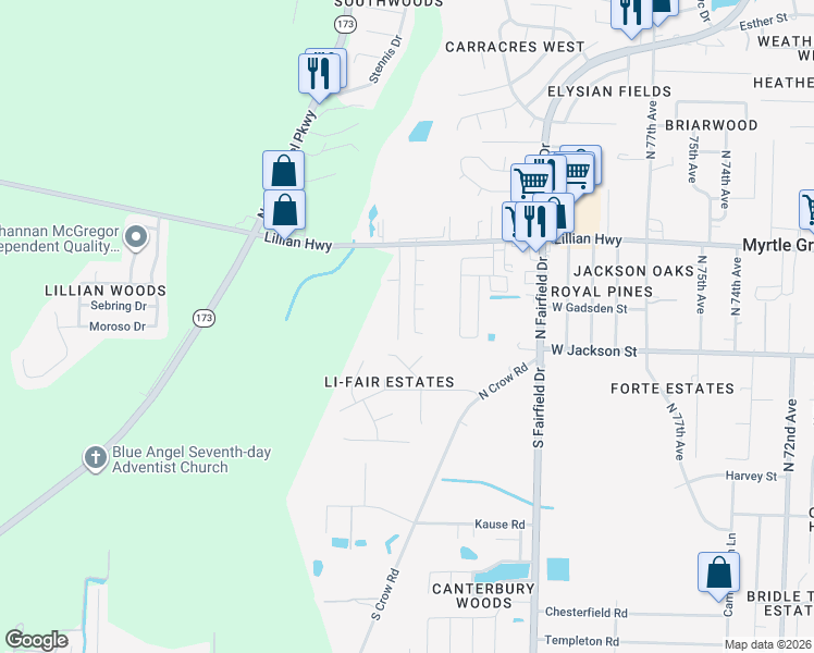 map of restaurants, bars, coffee shops, grocery stores, and more near 613 Carondelay Drive in Pensacola