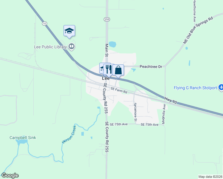 map of restaurants, bars, coffee shops, grocery stores, and more near 7236 Southeast Farm Road in Lee