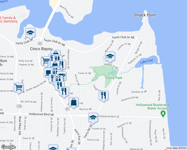 map of restaurants, bars, coffee shops, grocery stores, and more near 216 Texas Street Northeast in Fort Walton Beach