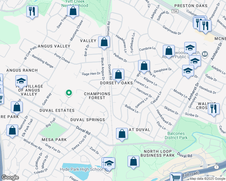 map of restaurants, bars, coffee shops, grocery stores, and more near 4507 Dorsett Oaks Circle in Austin