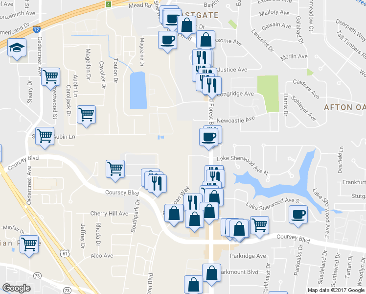 map of restaurants, bars, coffee shops, grocery stores, and more near 11585 Lake Sherwood Ave N in Baton Rouge