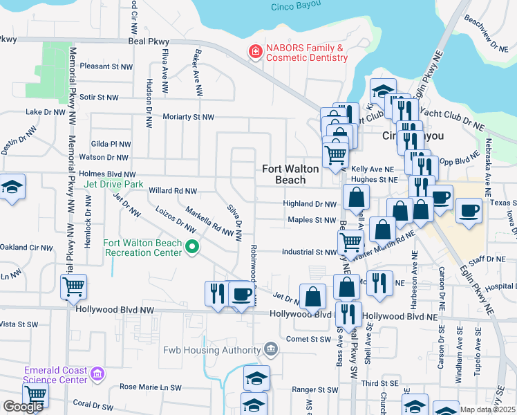 map of restaurants, bars, coffee shops, grocery stores, and more near 53 Robinwood Drive Northwest in Fort Walton Beach