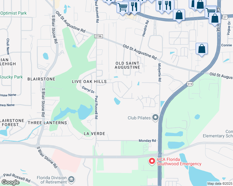map of restaurants, bars, coffee shops, grocery stores, and more near 1575 Paul Russell Road in Tallahassee