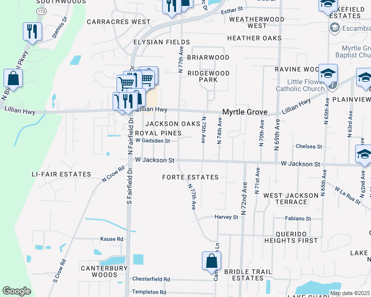map of restaurants, bars, coffee shops, grocery stores, and more near 628 North 77th Avenue in Pensacola