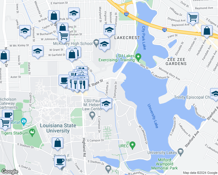 map of restaurants, bars, coffee shops, grocery stores, and more near 3270 Carlotta Street in Baton Rouge