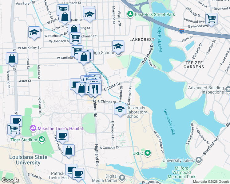map of restaurants, bars, coffee shops, grocery stores, and more near 3270 Carlotta Street in Baton Rouge
