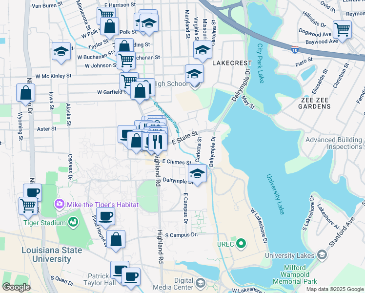 map of restaurants, bars, coffee shops, grocery stores, and more near 240 East State Street in Baton Rouge