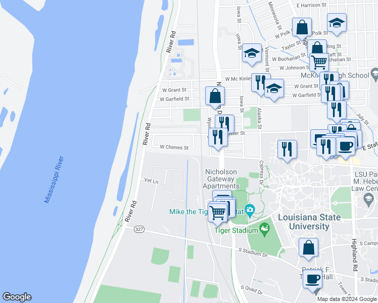 map of restaurants, bars, coffee shops, grocery stores, and more near 1147 West Chimes Street in Baton Rouge