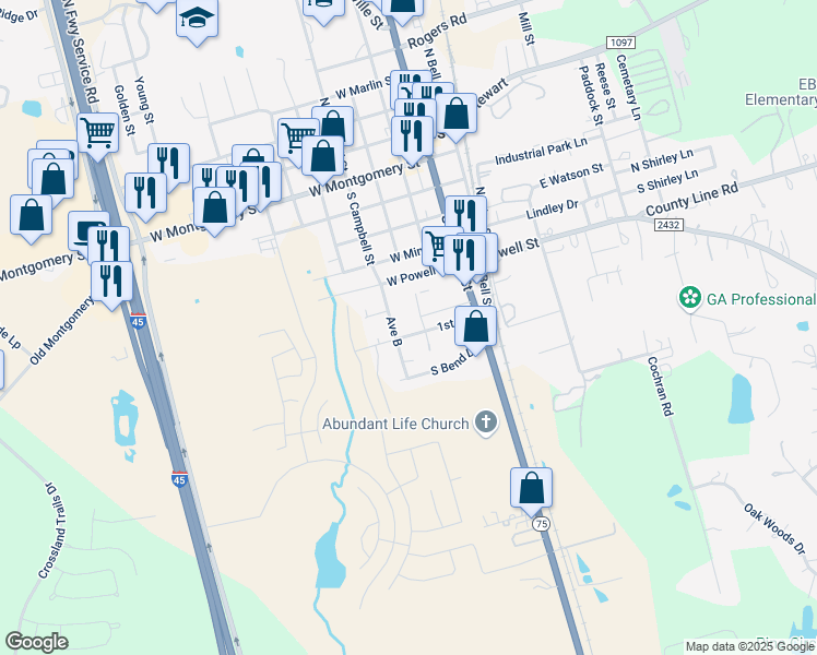 map of restaurants, bars, coffee shops, grocery stores, and more near 605 South Campbell Street in Willis