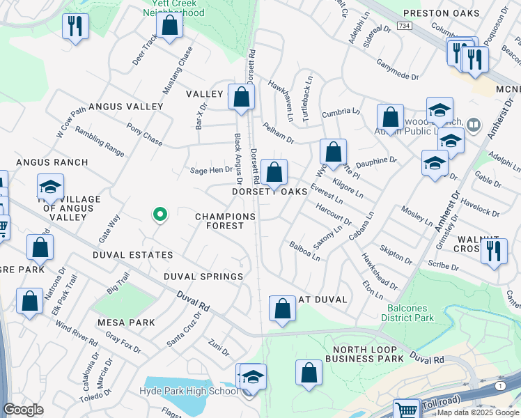 map of restaurants, bars, coffee shops, grocery stores, and more near 4507 Dorsett Oaks Circle in Austin
