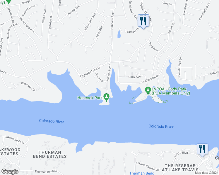map of restaurants, bars, coffee shops, grocery stores, and more near 20400 Gilbert Cove in Lago Vista