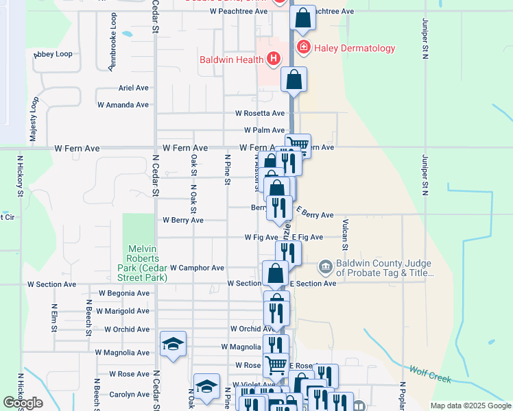 map of restaurants, bars, coffee shops, grocery stores, and more near 200 West Berry Avenue in Foley