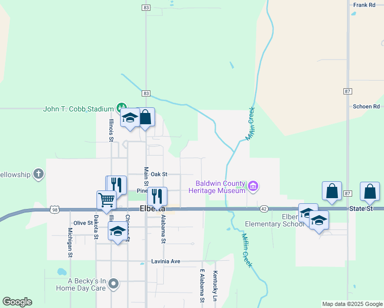 map of restaurants, bars, coffee shops, grocery stores, and more near 25191 Dewberry Lane in Elberta
