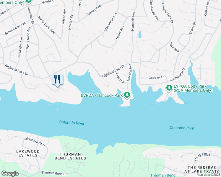 map of restaurants, bars, coffee shops, grocery stores, and more near 20615 Highland Lake Loop in Lago Vista