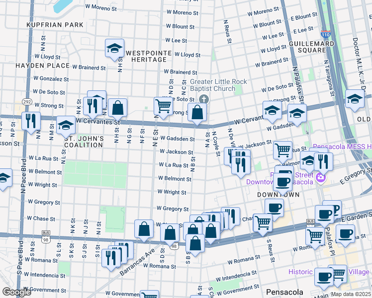 map of restaurants, bars, coffee shops, grocery stores, and more near 812 West Jackson Street in Pensacola
