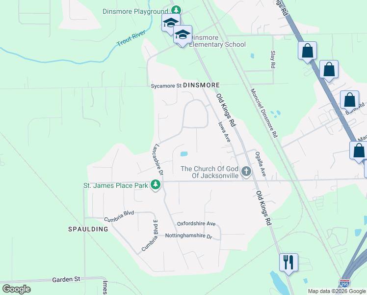 map of restaurants, bars, coffee shops, grocery stores, and more near 10011 Rosewood Glen Lane in Jacksonville