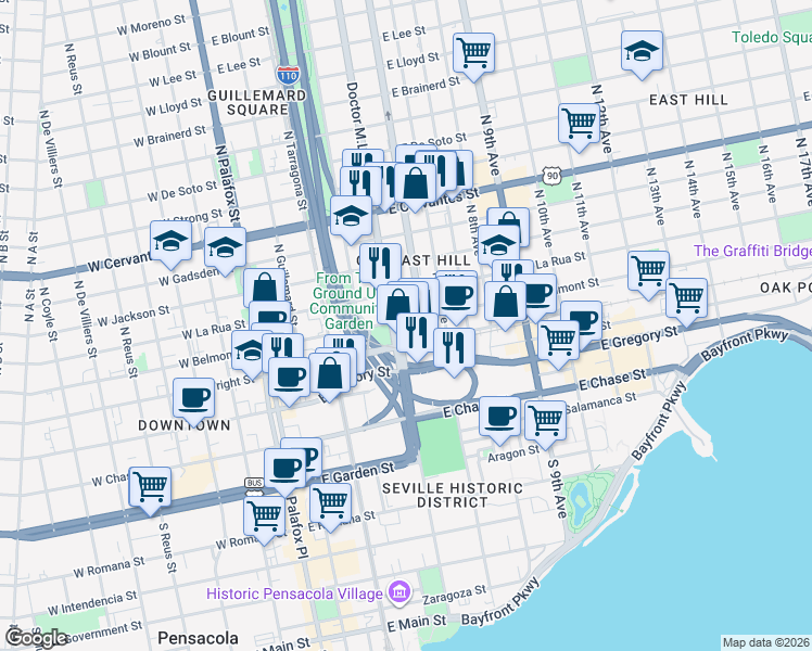 map of restaurants, bars, coffee shops, grocery stores, and more near 413 East Belmont Street in Pensacola