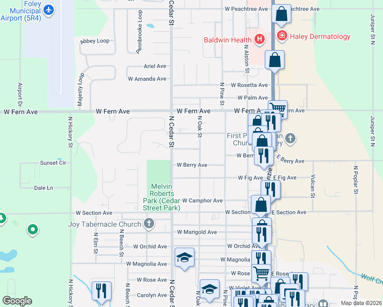 map of restaurants, bars, coffee shops, grocery stores, and more near 405 West Persimmon Avenue in Foley