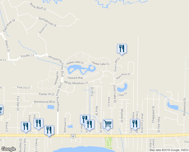 map of restaurants, bars, coffee shops, grocery stores, and more near 9757 Leeward Way in Navarre