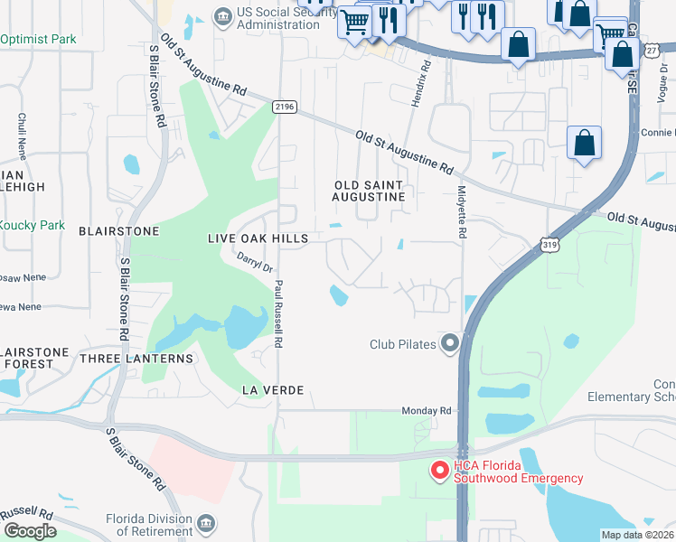 map of restaurants, bars, coffee shops, grocery stores, and more near 1575 Paul Russell Road in Tallahassee