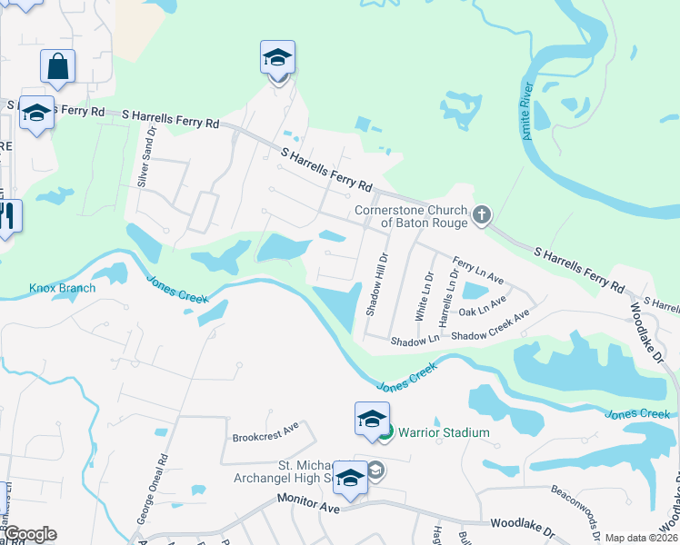 map of restaurants, bars, coffee shops, grocery stores, and more near 17753 Shady Creek Avenue in Baton Rouge