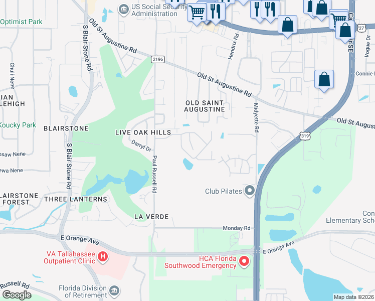 map of restaurants, bars, coffee shops, grocery stores, and more near 1575 Paul Russell Road in Tallahassee