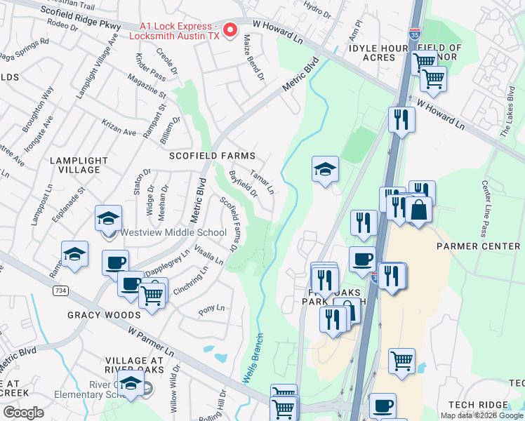 map of restaurants, bars, coffee shops, grocery stores, and more near 13105 Bayfield Drive in Austin